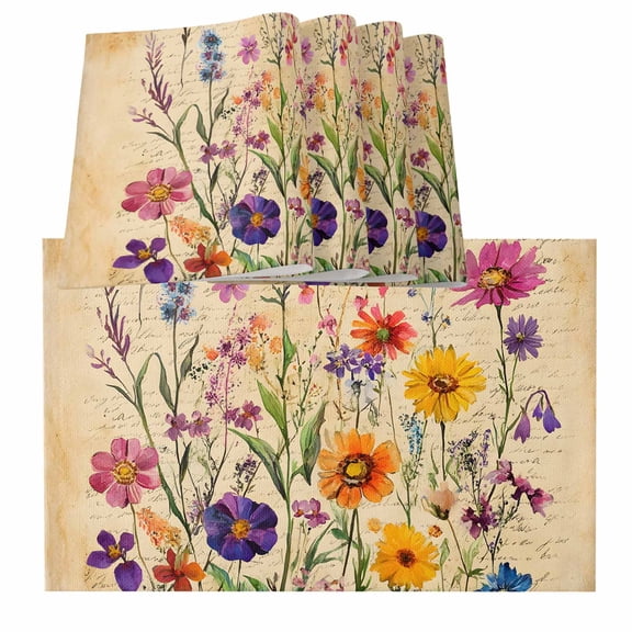 Vintage Spring Floral Placemats for Dinning Table Set of 6, Summer Botanical Pastoral Flowers Burlap Kitchen Place Mats Waterproof Cloth Table Mats, Indoor Outdoor Placemats Easy Clean Dinner Decor