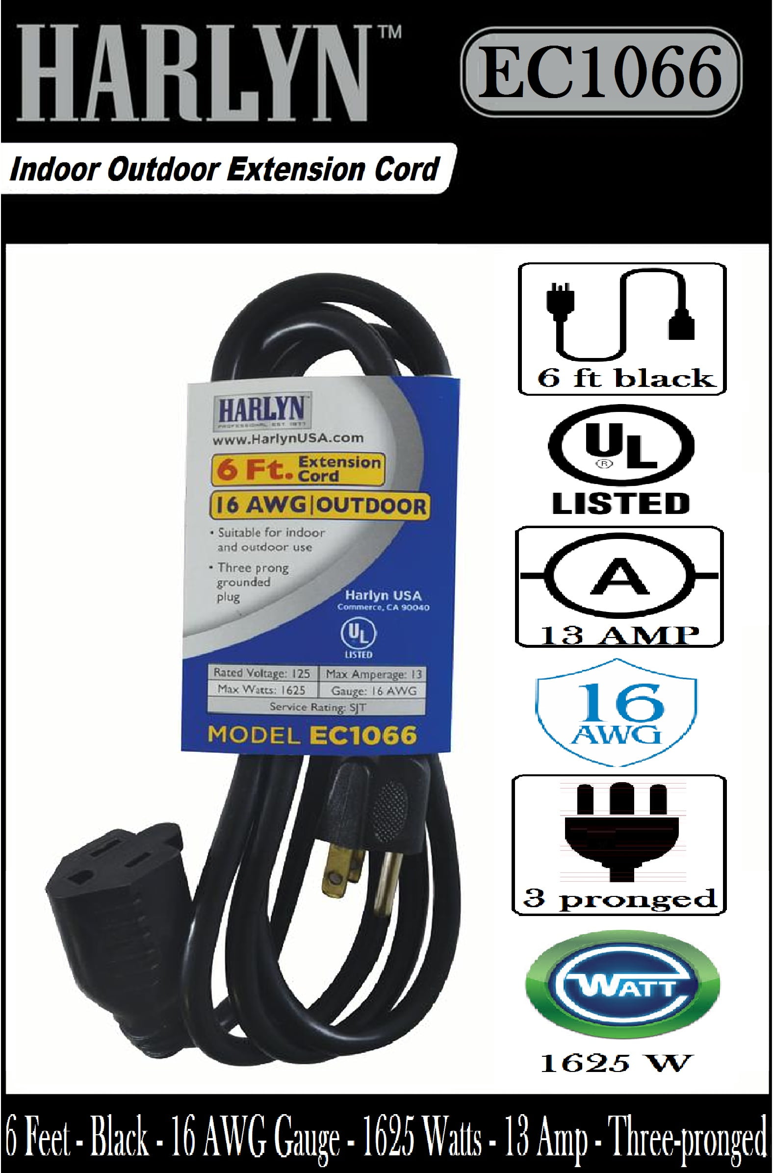 Harlyn EC1066 Indoor Outdoor Extension Cord 6 Feet Black 16 AWG
