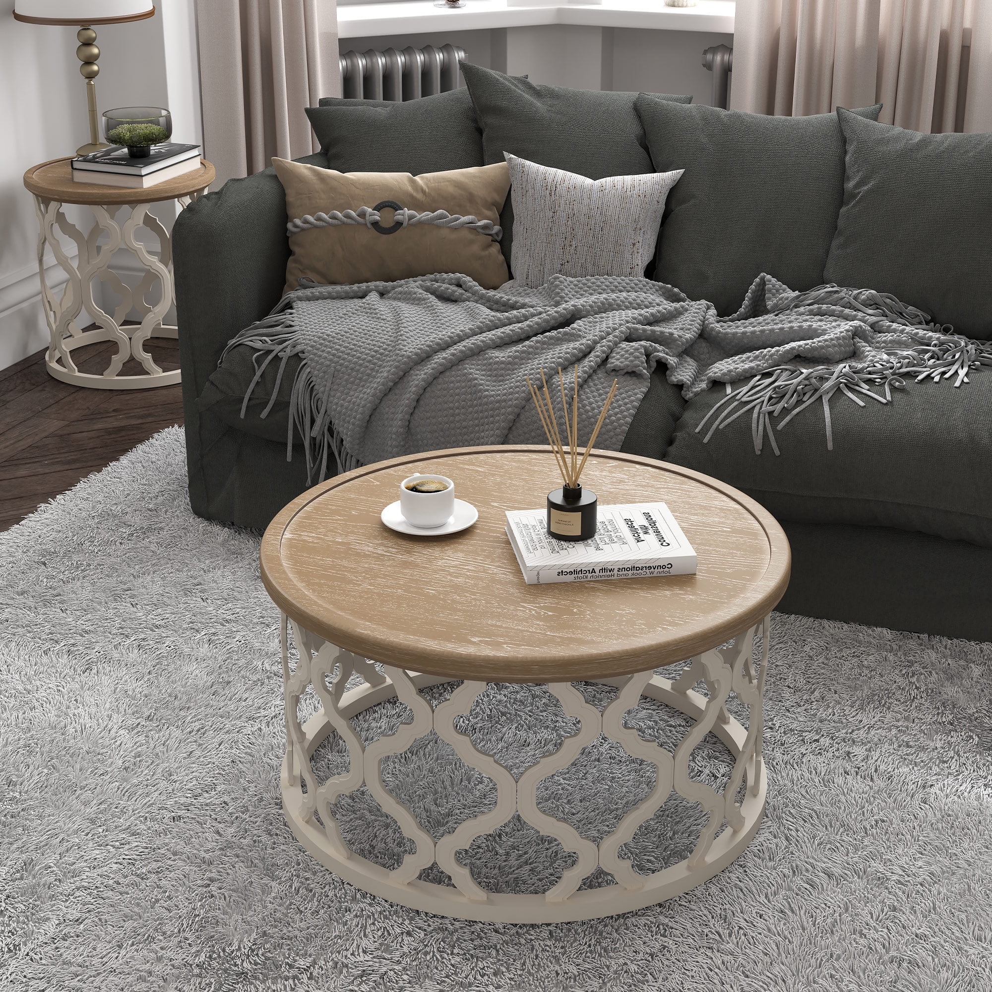 30" Farmhouse Coffee Table, French Round Coffee Table, Vintage Coffee Table with Distressed Wood Tray and Storage Shelf, Beige