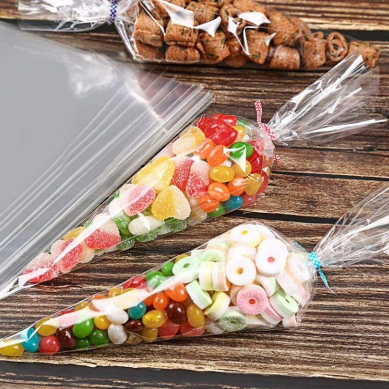Labeol Lot De 150 Sacs à Friandises En Forme De Cône - 17,8 X 35,6 Cm - Sachets En Cellophane Transparent Pour Friandises, Bonbons, Collations, Friandises, Sacs Cadeaux Triangulaires En Plastique Avec