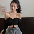thumbnail image 4 of Forzero Women's Square Collar Sweet Pleated Soild Navel Exposed Chiffon Long Sleeves Shirt Blouses, 4 of 6