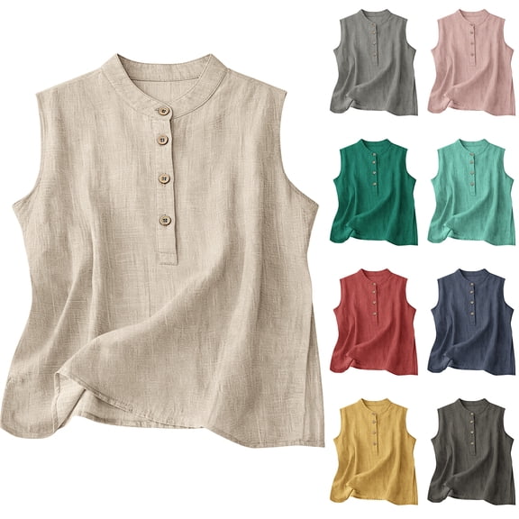Women's Summer Tank Tops Round Neck Sleeveless Tops Cotton Linen Button Front Casual T Shirts Solid Basic Vest Tees #02Dark Gray S