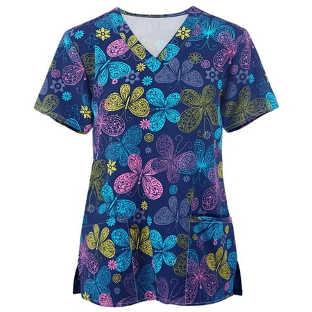 

TMOYZQ Womens Plus Size Scrub Tops Classic Fit Working Uniforms Short Sleeve V Neck Workwear Flower Print Pockets Nursing Blouse Valentine s Day Birthday Gifts for Women