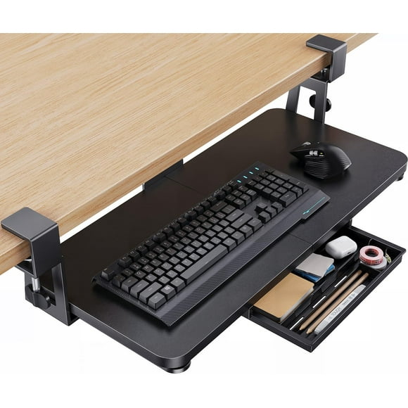 HUANUO Large Under Desk Keyboard Tray with Sturdy C-Clamp Mount, 26 (30.16" Including Clamps) x 12 inch Slide-Out Platform Computer Desk Heavy Duty K