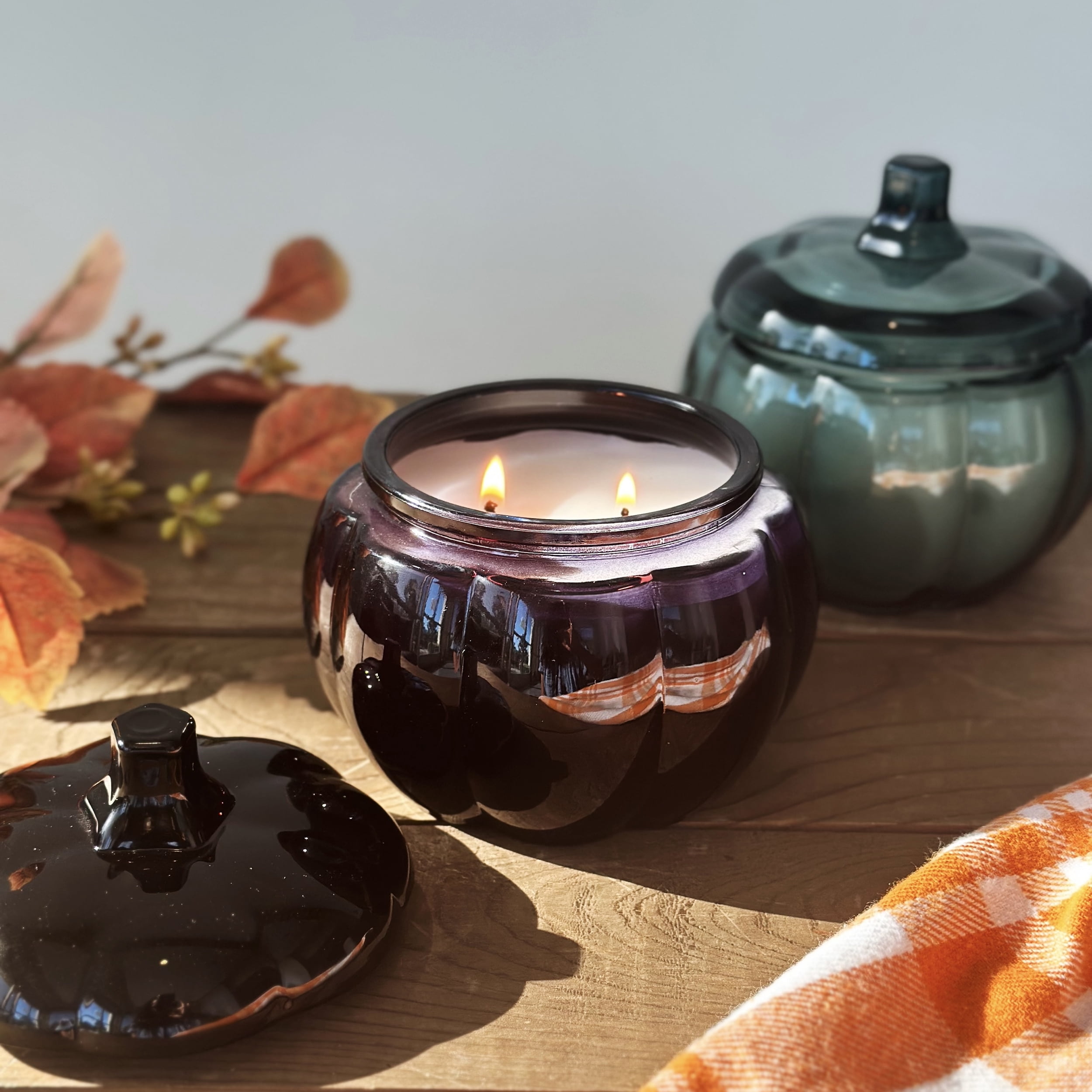 (2 pack) Better Homes & Gardens Warm Leathered Amber 2-Wick Pumpkin Jar Candle, 13.8 oz