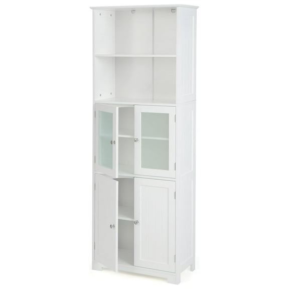 Tall Bathroom Linen Cabinet - 64” Freestanding Storage with Glass Doors - Wooden Floor Cabinet for Bathroom, Kitchen, Living Room - White Finish