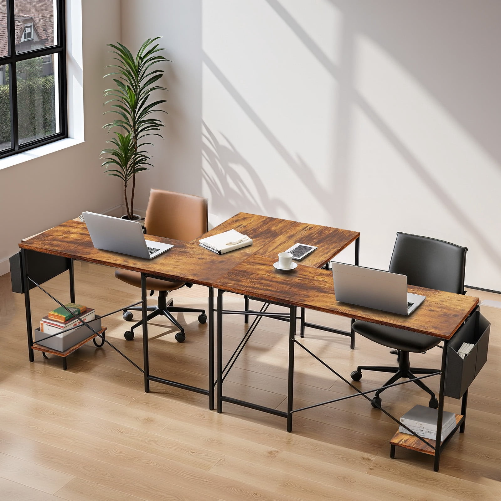 L Shaped Gaming Desk, 50 Inch Reversible Corner PC Work Table for Writing Study, Wood Tabletop and Metal Frame, CPU Stand Side Bag for Home Office Small Space, Brown