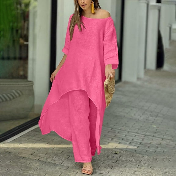 Elegant Linen Blend Irregular Hem Long Sleeve Set & Wide Leg Pants Plus Size Women's Wear Suits Set for Women Striped Suit Womens Outfits Dressy Casual Summer Business Casual Clothes for Women Dressy
