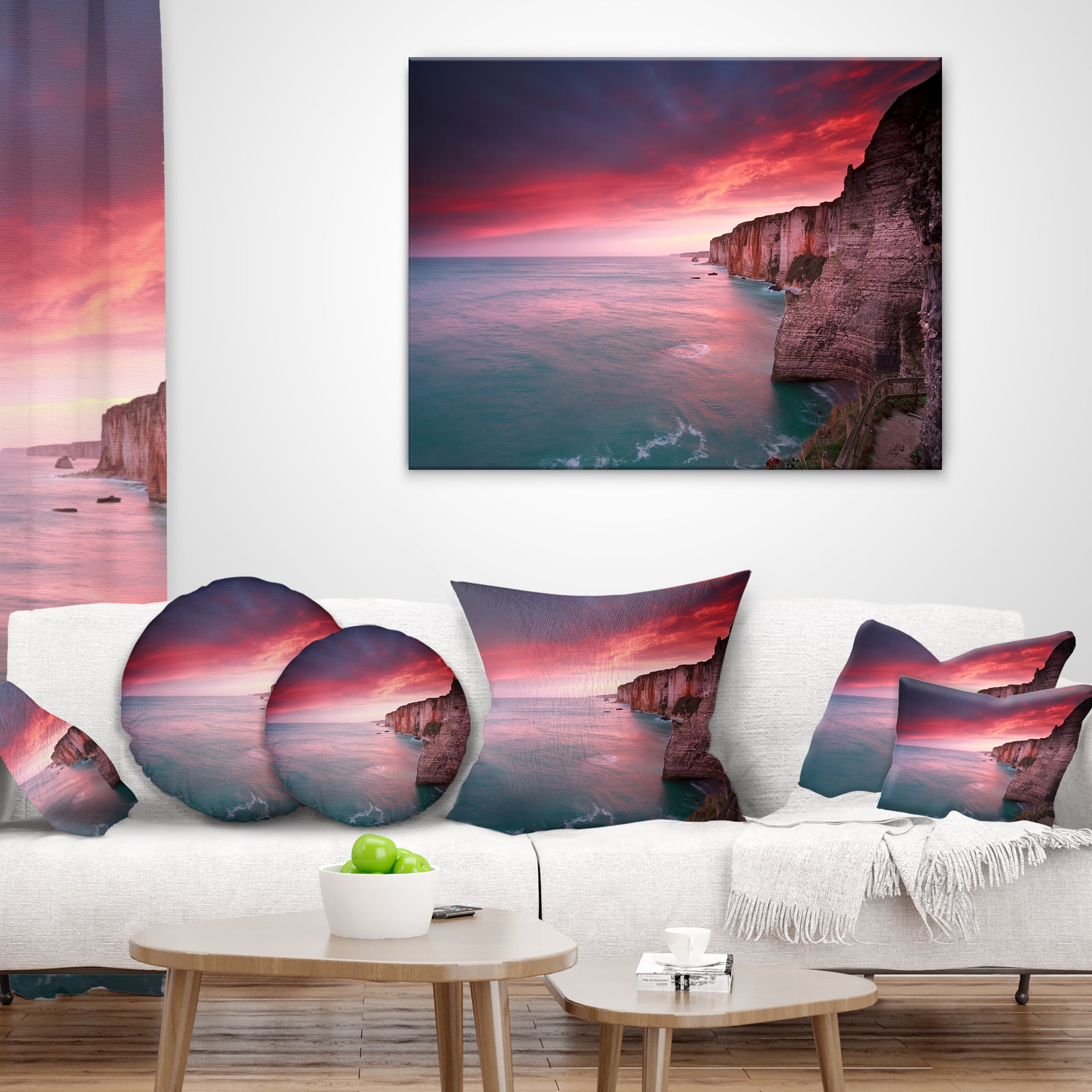 Designart Dramatic Sunrise over Sea and Cliffs - Beach Photo Throw Pillow - 18x18