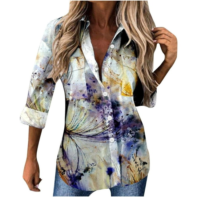 Long Sleeve Blouses For Women Dressy Casual Floral Print Ombre Color ...