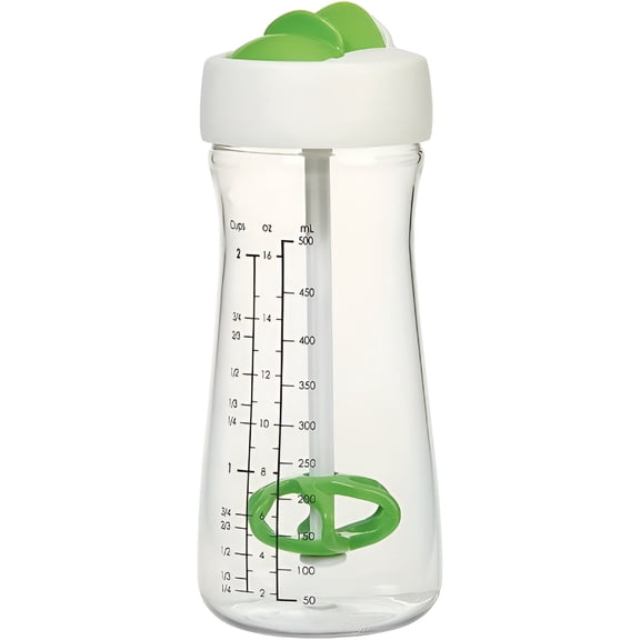 ACDANC Leak-Proof Salad Dressing Shaker Cup with Measurement Markings–Easy Pour,Spiral Mix Design,Plastic Condiment Bottle with Green Lid and Stirring Ball for Kitchen Use