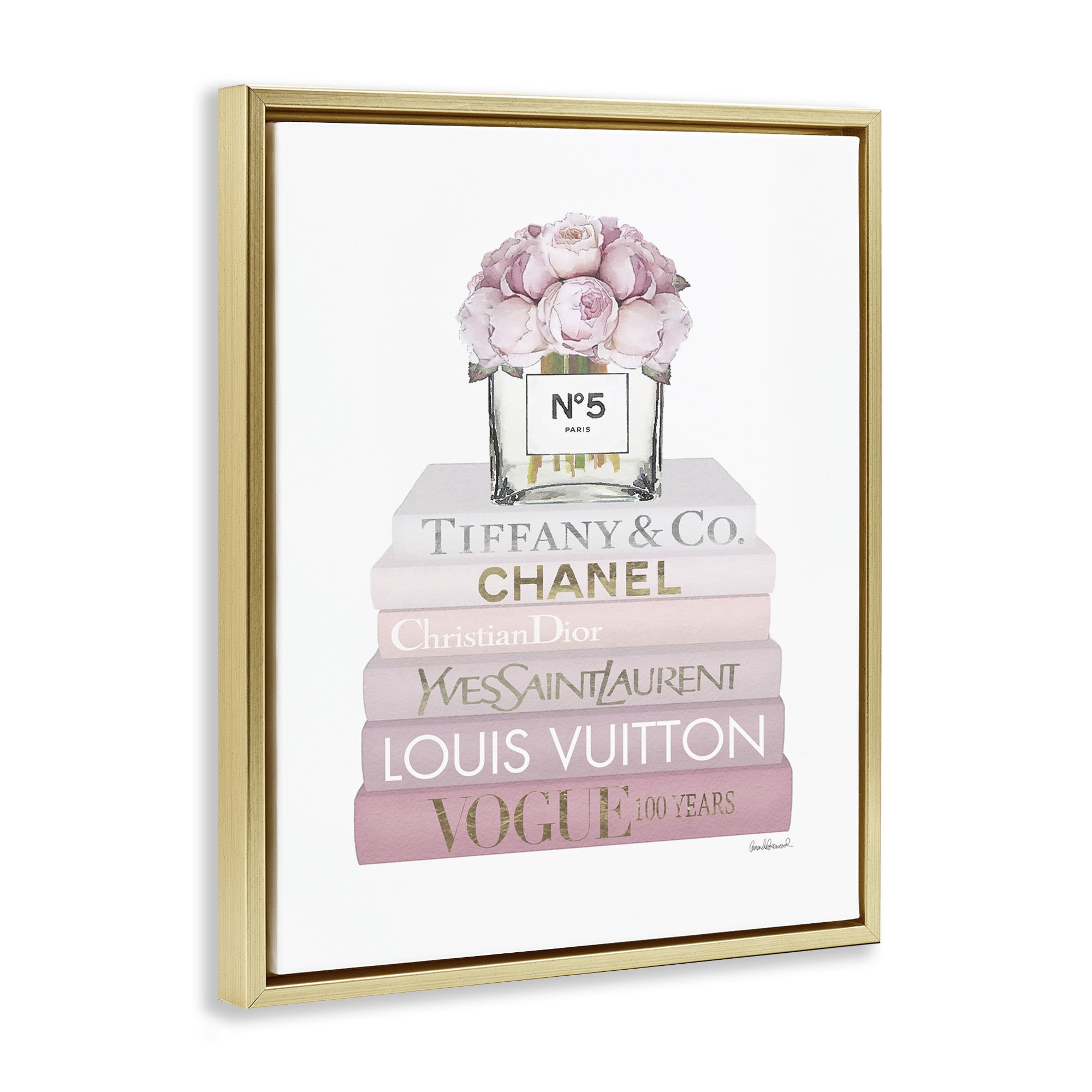 Stupell Industries Pink Rose Bouquet Bookstack Beauty & Fashion Painting Gold Floater Framed Canvas Art Print Wall Art, 17 x 21
