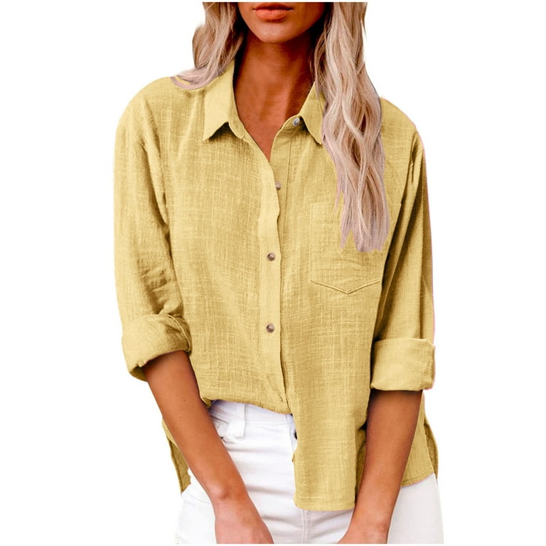 Aueoeo Womens Tops Trendy, Womens Cotton Linen Button Down Shirt 2023  Casual Long Sleeve Solid Color Shirts Loose Work Tops with Pockets