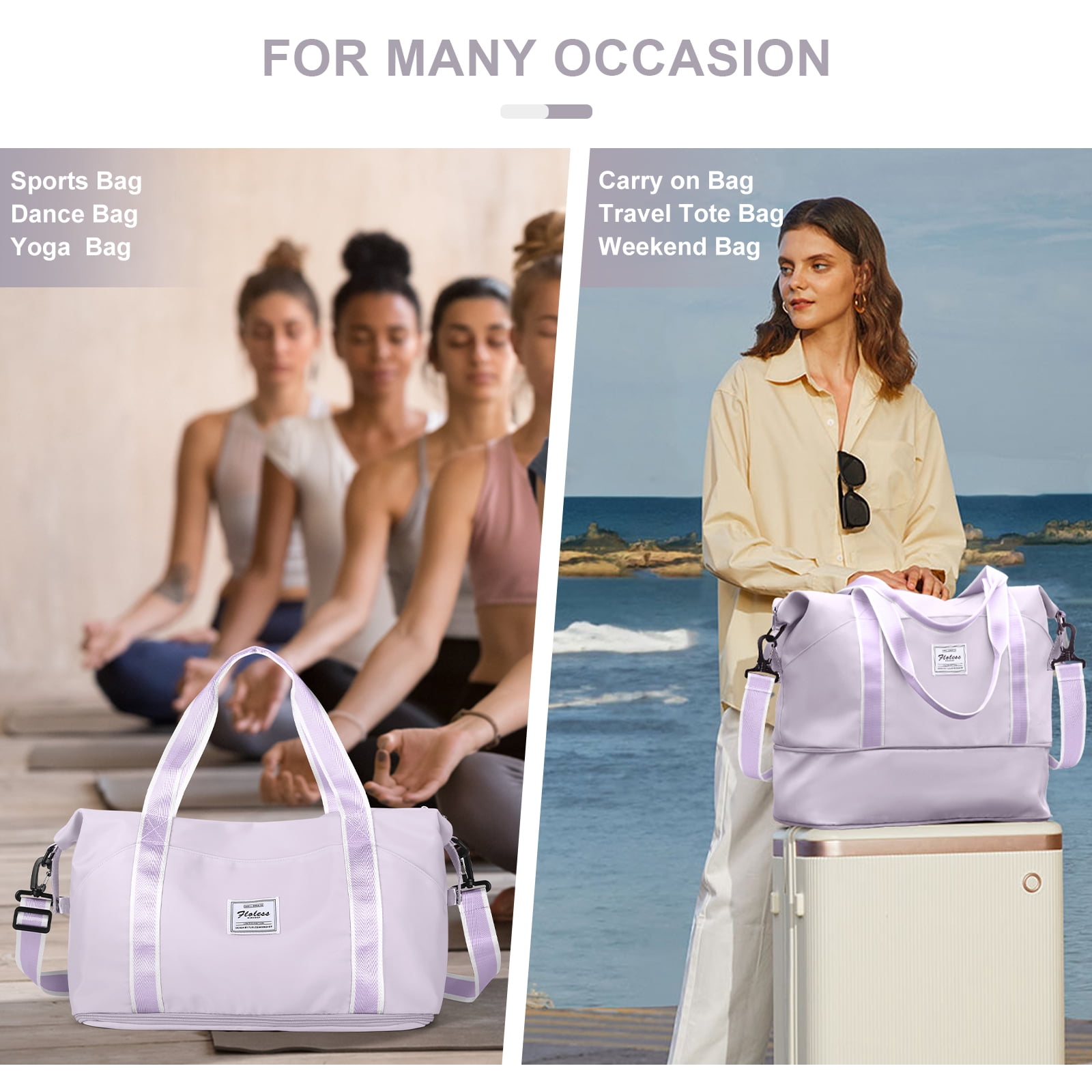 Travel Bag, Waterproof Duffel Gym Tote Bag, Weekender Carry On Overnight Bags for Women Men Approved Personal Item Bag for Airlines with Trolley Sleeve, Travel Duffel Bags, Purple White