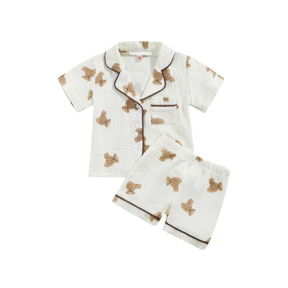 Cjfdfy Toddler Baby Girl Boy Cotton Blend Pajamas Set Kids Girls Boys PJS Set Sleepwear Summer Fall Clothes Bear Printed Short Sleeve Button Down Shirt with Shorts Set Loungewear Homewear 1-6Y