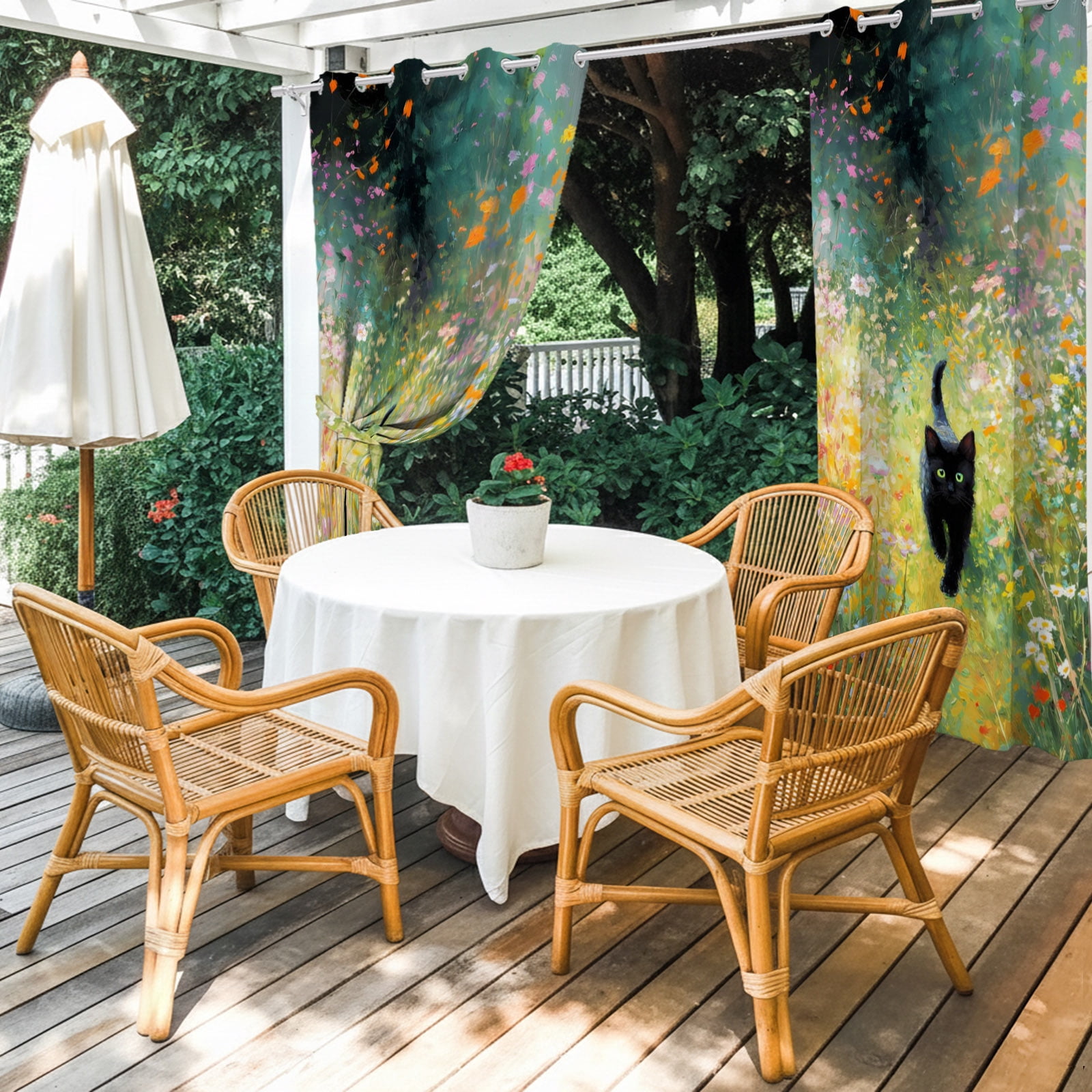 Black Cat Outdoor Curtains for Patio, Colorful Floral Wildflowers Garden Boho Sunshade Privacy Drapes Grommet Waterproof Outside Curtains for Porch/Cabana/Balcony 54"x 108", 1 Panel