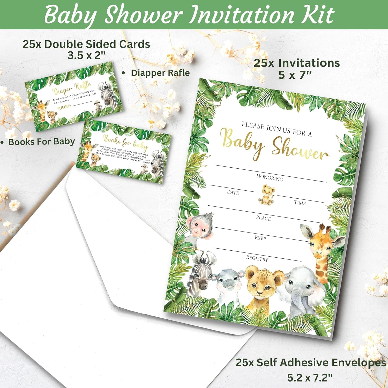153 Pc Jungle Safari Baby Shower Invitations For Boy Or Girl With Envelopes, Baby Thank You Cards, Book Request Cards, Diaper Raffle Box With Ticket & Sign, Guess How Many Baby Shower Game