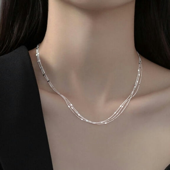 QQTDFG Sterling Silver 925 Simple Triple Layered Chain Necklace for Women A5275-Silver