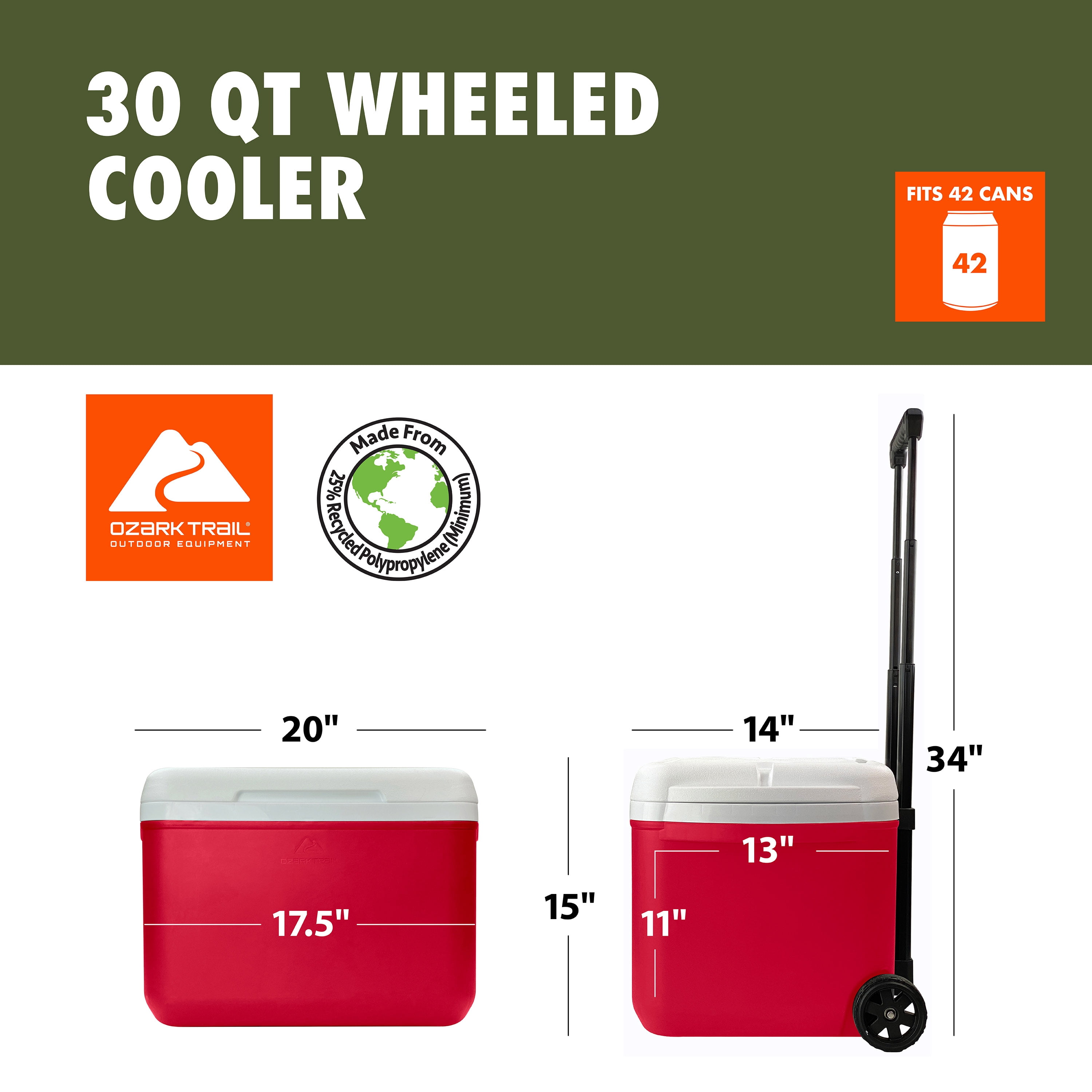 Ozark Trail 30 Qt Hard-Side Wheeled Cooler, 42-Can, Red