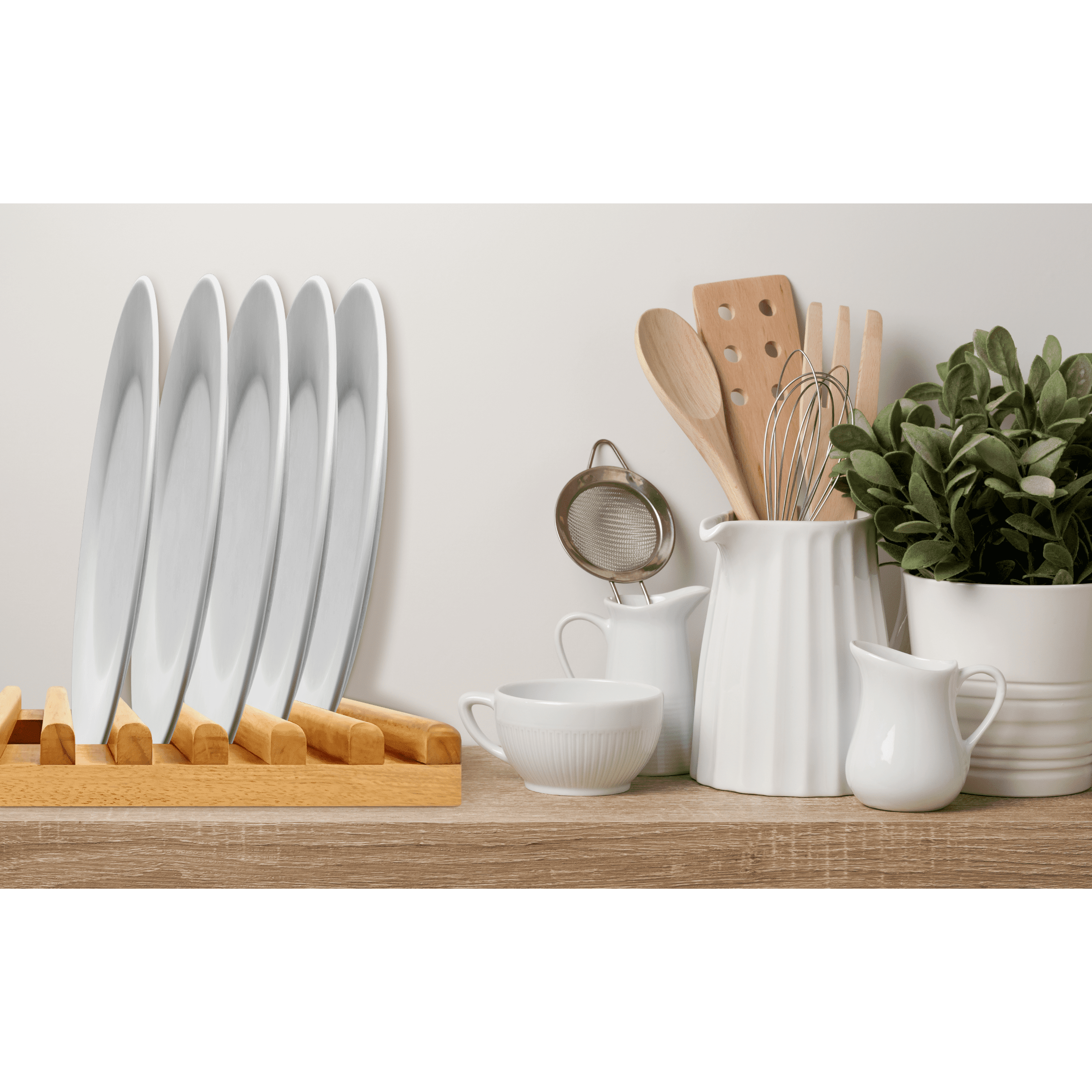 ILOT Solid Wood Kitchen Dish Drying Rack 10 Slots Plate Organizer for Cabinet New Apartment Essentials Plate Holder for Kitchen Display Countertop (Pack of 2)