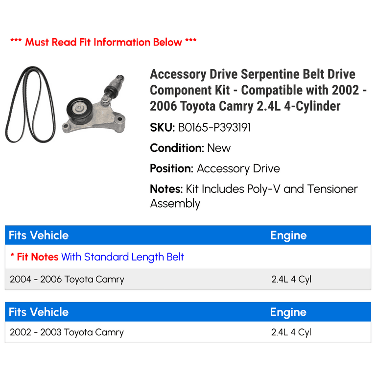 Accessory Drive Serpentine Belt Drive Component Kit Compatible with 2002 2006 Toyota Camry 2.4L 4 Cylinder 2003 2004 2005 Walmart
