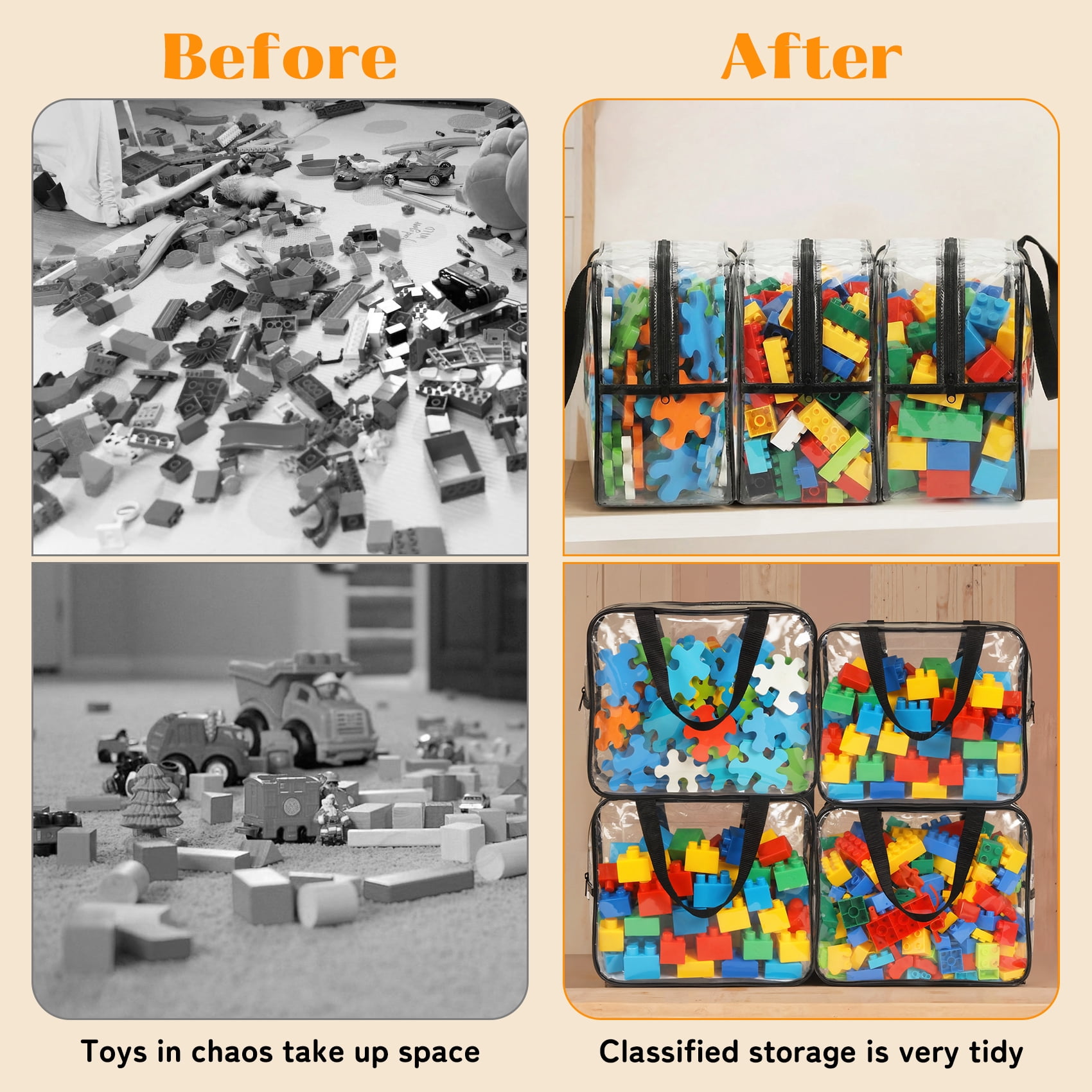 6 Pack Clear Toy Storage Bags with Carry Handles, 2 Sizes Zippered Storage Organizer Bins for Legos Puzzles Board Games, Playroom Storage Organizers.