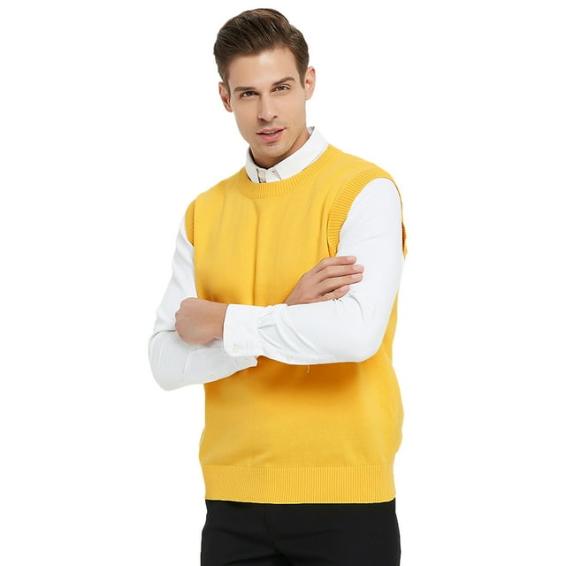 TOPTIE Men's 100% Cotton Knit Sweater Vest, Crew Neck Solid Color