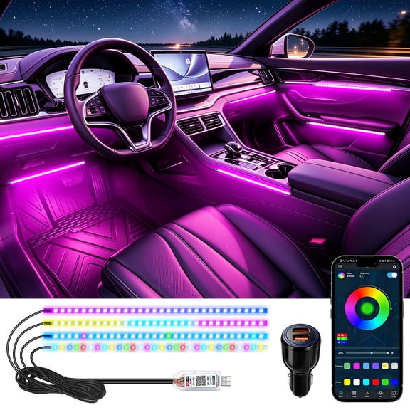 Car LED Lights Interior with APP Remote Music Sync, RGB 4 Pcs 72 LEDs 200 Modes Low/High Brightness Footwell Kit SUV Truck Interior Glow