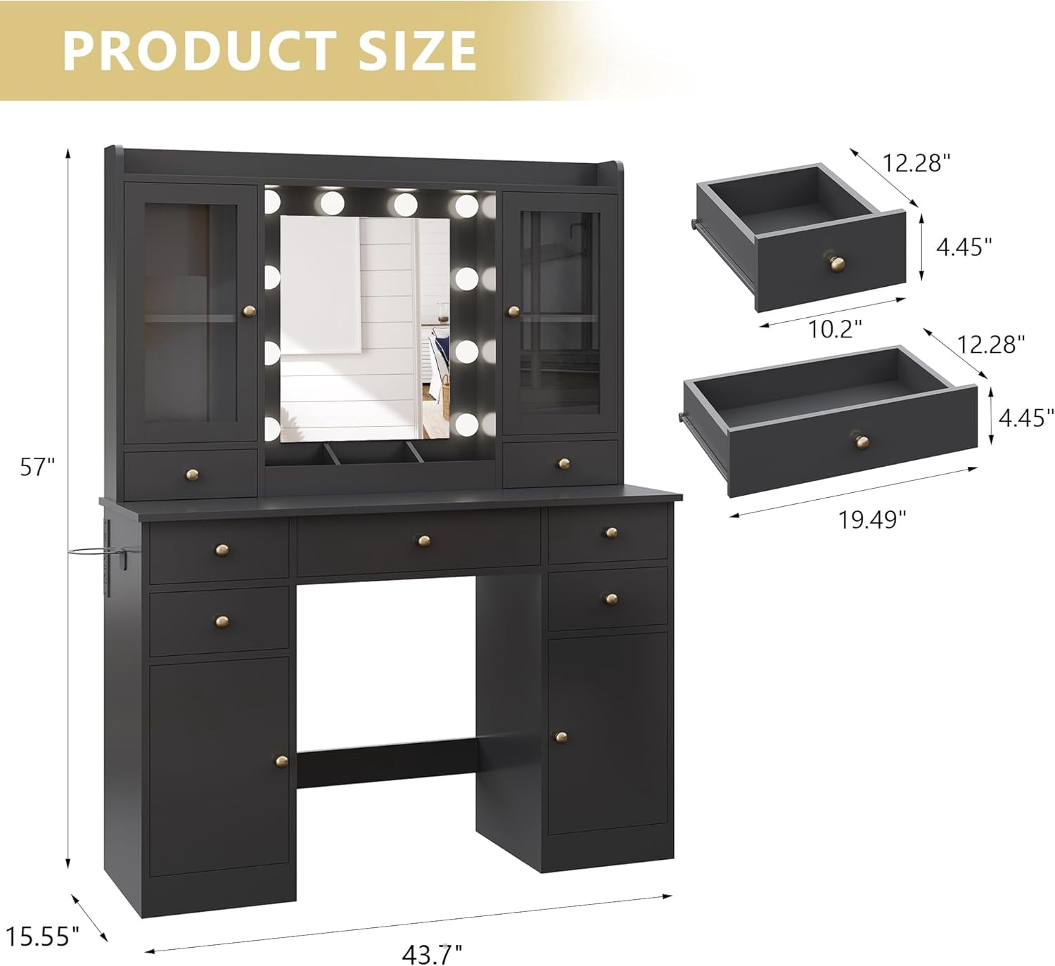 FANRAL 43.7" Vanity Desk with 10 Mirror Lights & Under-Table RGB,Charging Station & Hair Dryer Holder,Multi-Storage Dressing Table for Bedroom Bathroom,Black Vanity