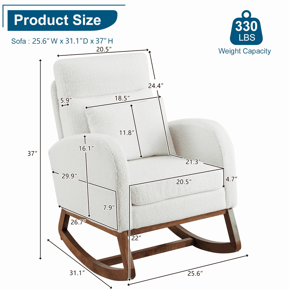GVN Bedroom Rocking Chair Rocking Chairs & Gliders,White Rocking Chair Nursery With Thick Headrest, Modern Nursing Rocker Glider With Curved Armrest