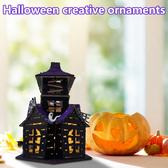 Haunted House Decor 3D Wooden Puzzle, Diy Miniature House Kit Light Up Halloween Decorations Spooky Indoor Halloween Decor for Halloween Party 2 Piece Set