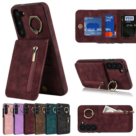 ELEHOLD for Samsung Galaxy S23 6.1" Vintage Leather Wallet Case,Practical Card Holders RFID Blocking Zipper Wallet Kickstand Ring Holder Shockproof Anti-Scratch Case for Women Men,Winered