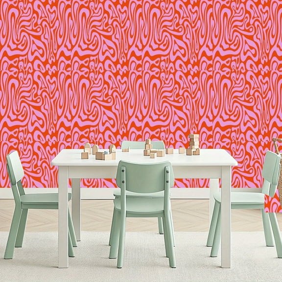 Psychedelic Retro Wallpaper - Self-Adhesive Removable with Red Pink Zigzag Pattern for Bedroom Living Room Office