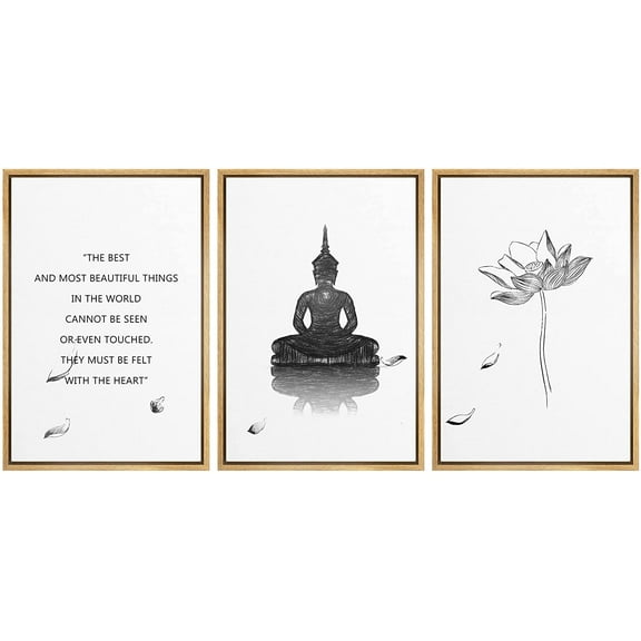 IDEA4WALL Framed Canvas Print Wall Art Set Buddha Lotus Motivational Saying Typography Nature Cultural Modern Art Contemporary Decorative for Living Room, Bedroom, Office - 16"x24"x3 Natural