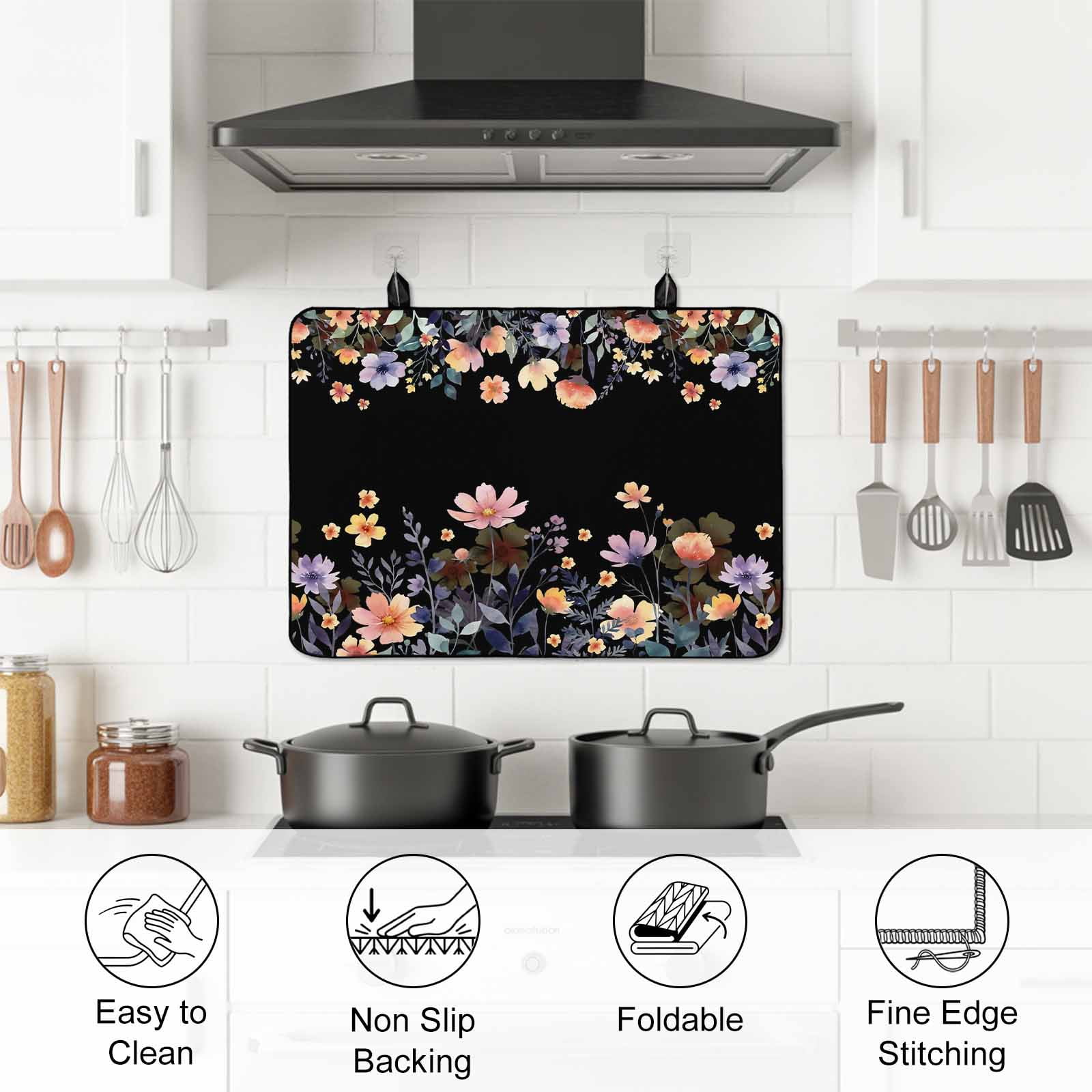 Black Spring Floral Stove Top Cover for Electric Stove, Heat-proof & Non Slip Glass Top Stove Cover Protector, Elegant Flowers Farmhouse Botanical Kitchen Flat Cooktop Rubber Mat 24x21 Inches