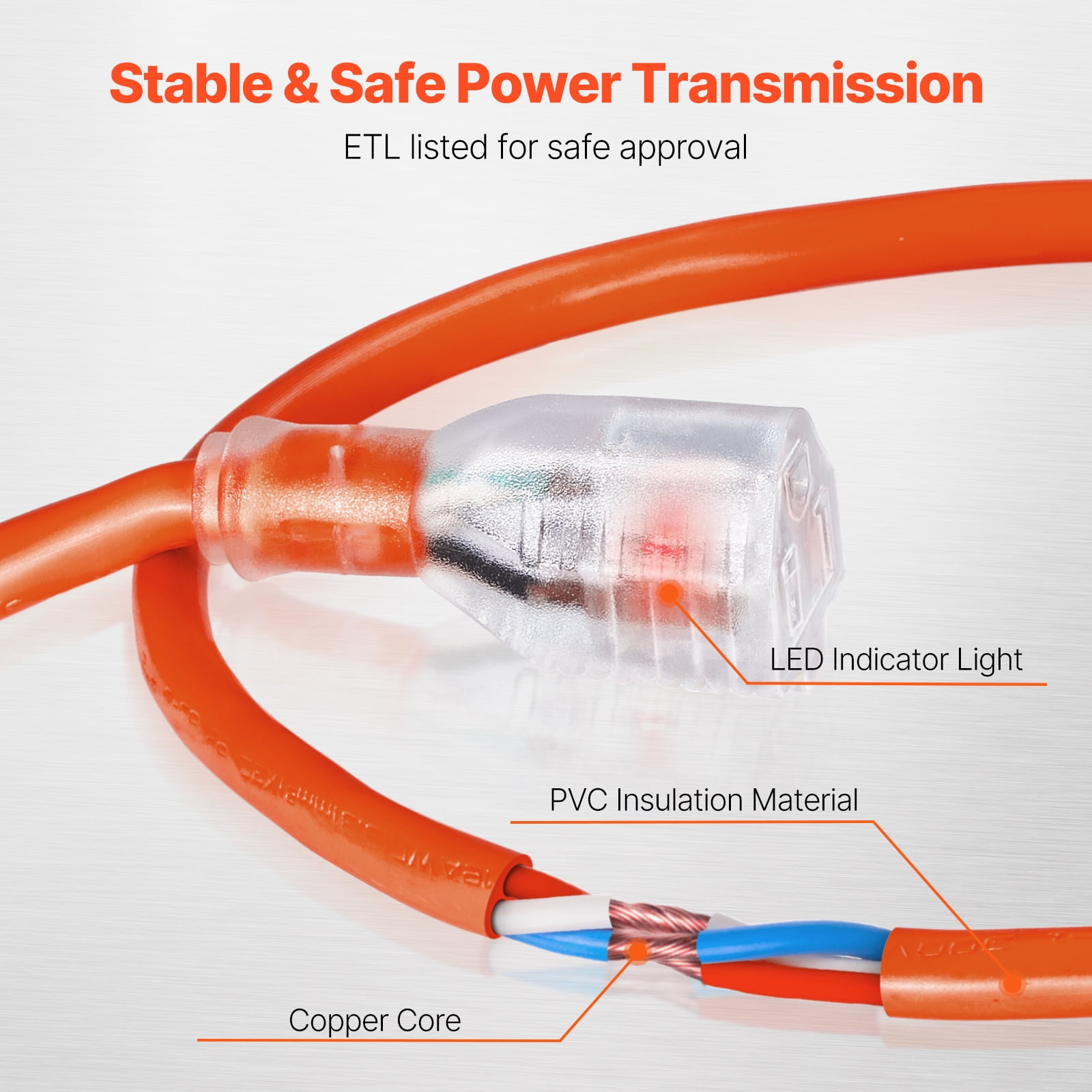 KFFKFF 100FT Indoor Outdoor Extension Cord, 16AWG 10Amps 1250W, 3-Prong Electric Cable with Illuminated End, Flexible and Cold-Resistant to -40°C, Suitable for Office and Home Use, ETL Certified