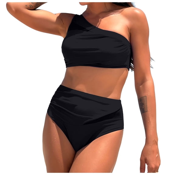 Women's High Waisted Bikini Sets for Women Tummy Control Swimsuits Neon Two Piece V Neck Drawstring Bathing Suits Gibobby(L,Black)