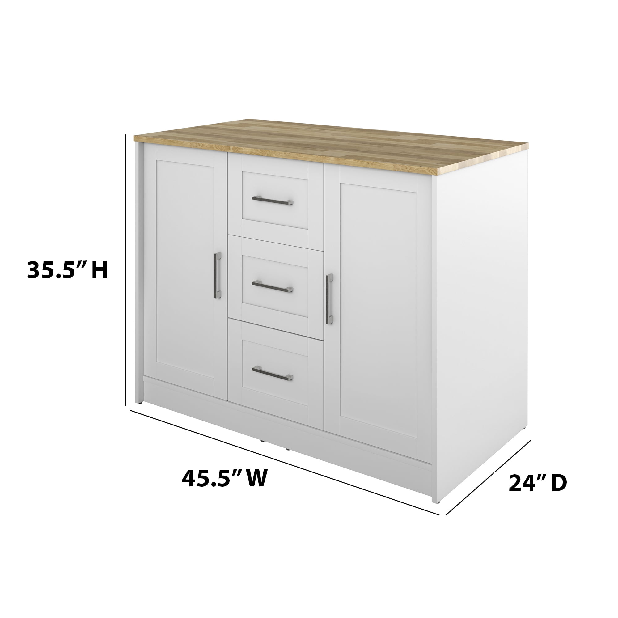 Twin Star Home 48" Traditional Kitchen Island with Butcher Block Top, Brilliant White