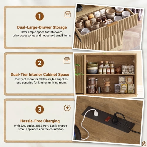 71" Tall Kitchen Pantry Cabinet with Power Outlet and Open Countertop, Modern Multi-Functional Storage Hutch Cabinet for Dining Room, Entryway and Living Room, Natural
