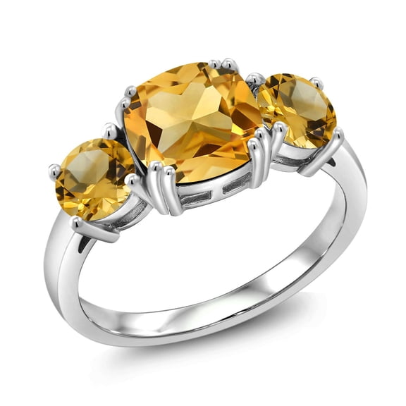 Gem Stone King 3.90 Cttw Yellow Citrine 3-Stone Engagement Ring for Women | 925 Sterling Silver | Cushion 8MM | Three Stone Wedding Engagement Anniversary Promise Ring for Women