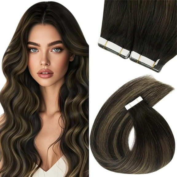 Sunny Hair Brown Tape in Extensions Seamless 16inch Dark Brown Balayage Medium Brown with Highlight Skin Weft 100% Real Human Hair in 20pcs 50g for Women