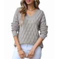 thumbnail image 3 of Women'S V Neck Hollowed Out Sweater Long Sleeve Knit Pullover Sweater Gray S, 3 of 9