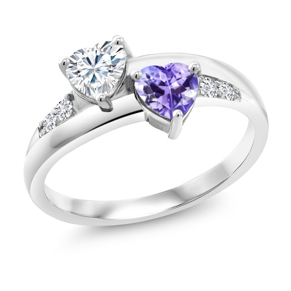 Gem Stone King 925 Sterling Silver Blue Tanzanite Lab Grown Diamond Ring Set with Moissanite (1.00 Cttw, Size 5)