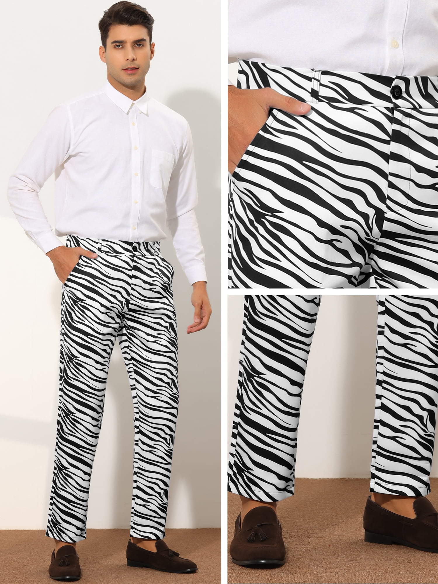 Unique Bargains Men's Animal Printed Dress Pants Regular Fit Pattern Trousers 36 Black White