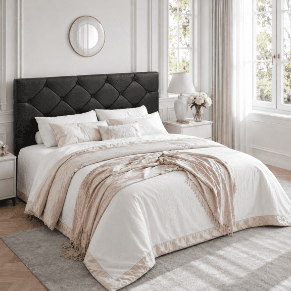 Queen Bed Frame with Upholstered Faux Leather Headboard, UHOMEPRO Black Platform Bed with Wood Slats, No Box Spring Needed, Modern Bed Frame