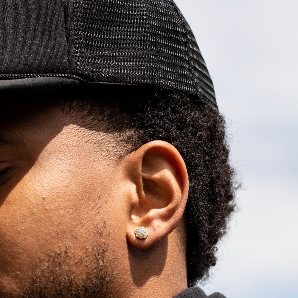 Brilliant Small 925 Sterling Silver 14K Yellow Gold Plated Flower Cluster Round Halo Unisex Iced Cz Hip Hop Hypoallergenic Men's Women's Circle Screw Back Cubic Zirconia Stud Earrings