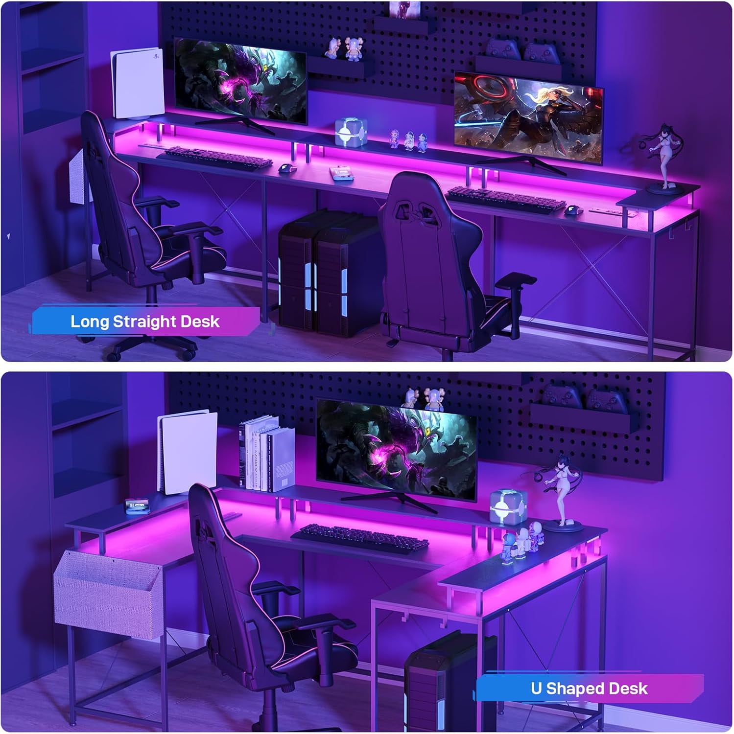 U Shaped Home Office Desk, Reversible L Shaped Gaming Computer Desk with Power Outlets,126 Inch Computer Desk with Monitor Stand and LED Lights,Storage Shelves,Storage Bag and Hooks（Black）