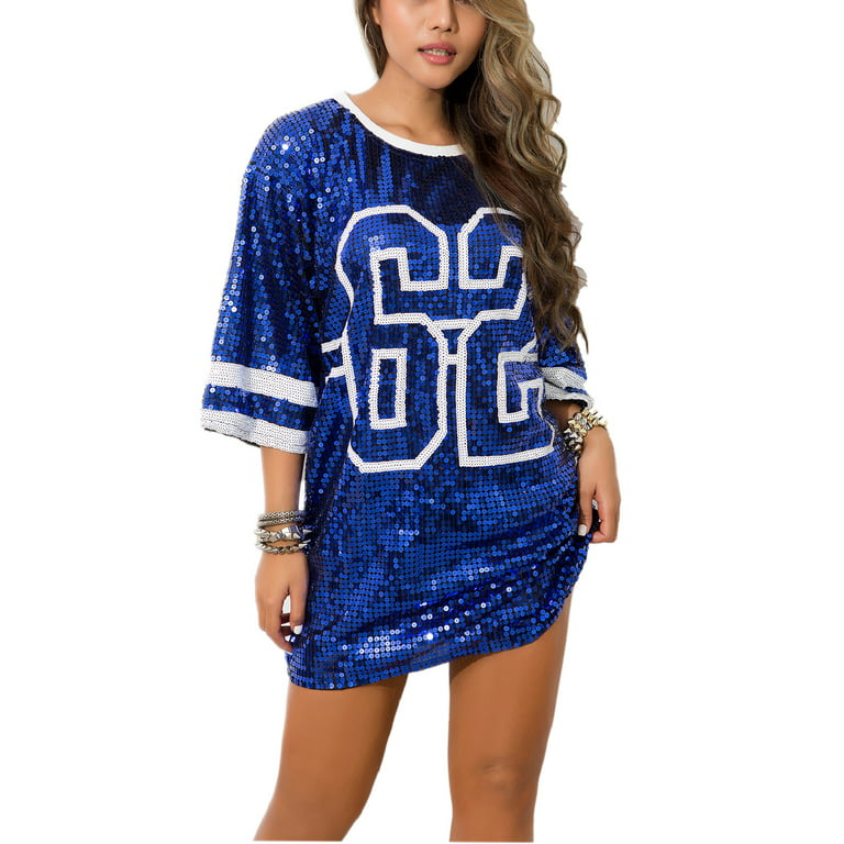 Whitewed Women's Sequin Jersey Tunic Short T Shirt Dress Tops Number 62 Graphic Blue, Size: One Size