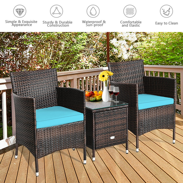 Costway Outdoor 3 PCS Rattan Wicker Furniture Sets Chairs Coffee Table  Garden Navy