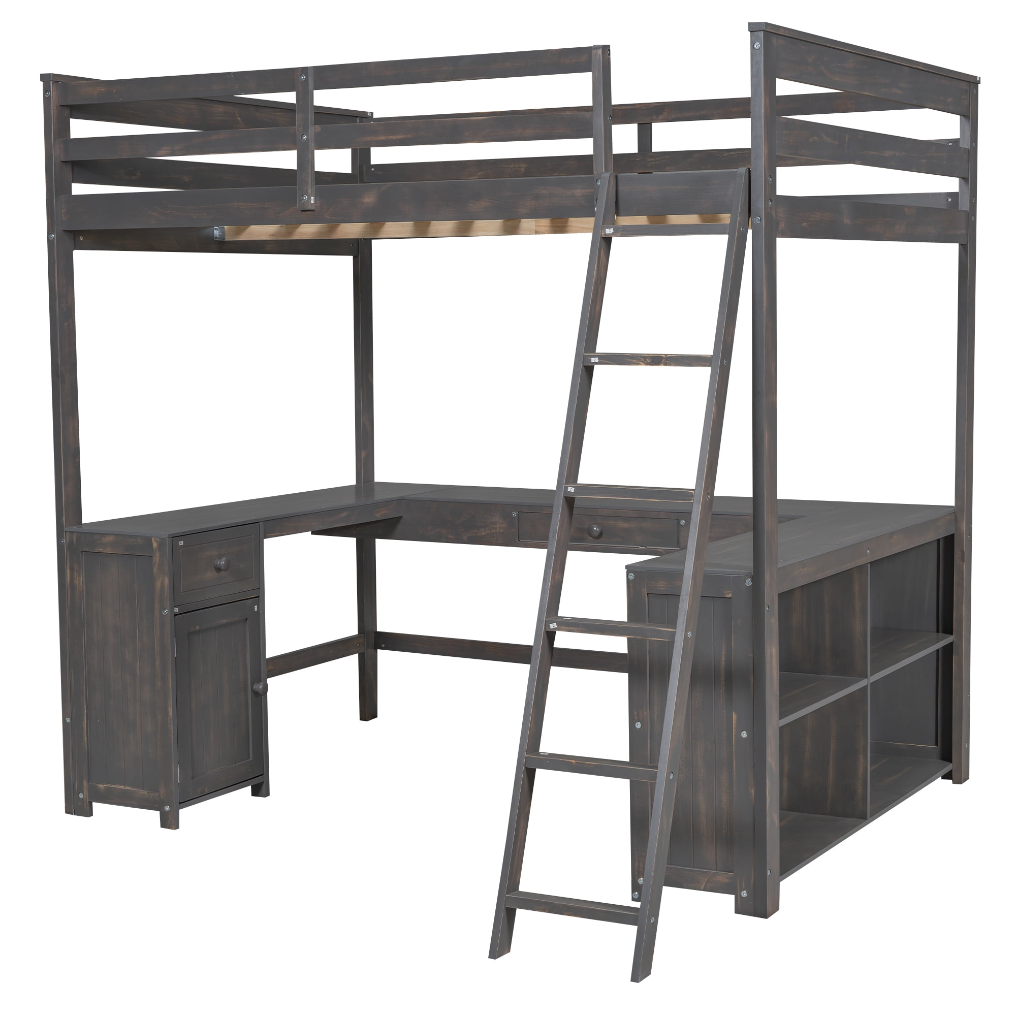 Euroco Wood Full Size Loft Bed with Desk and Shelves, Antique Brown